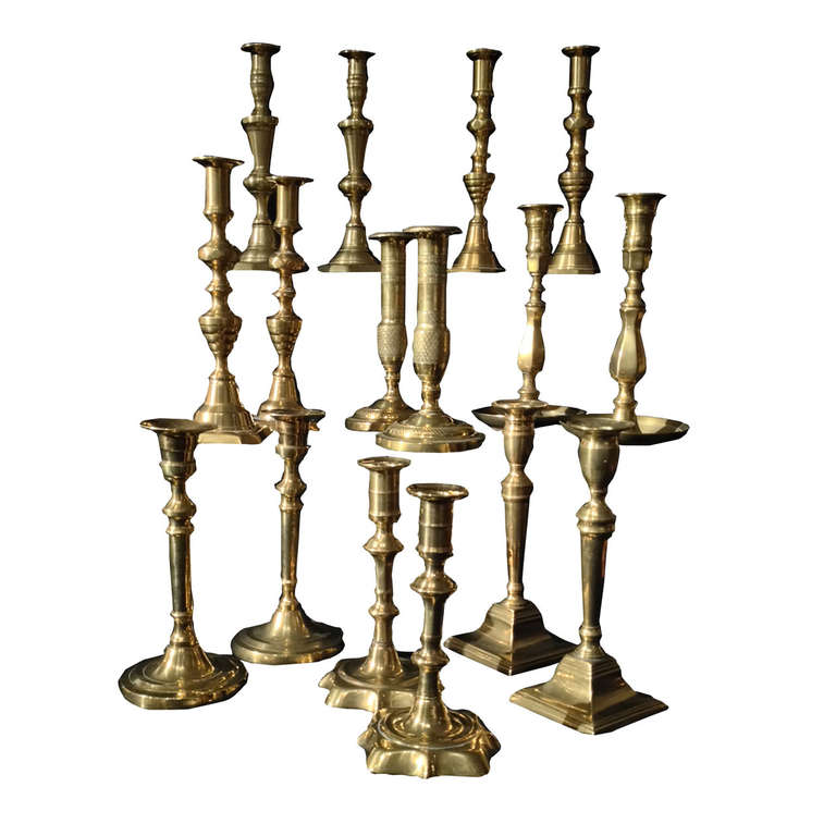 Set of Seven Pairs Brass Candlesticks, 18th-19th Century For Sale