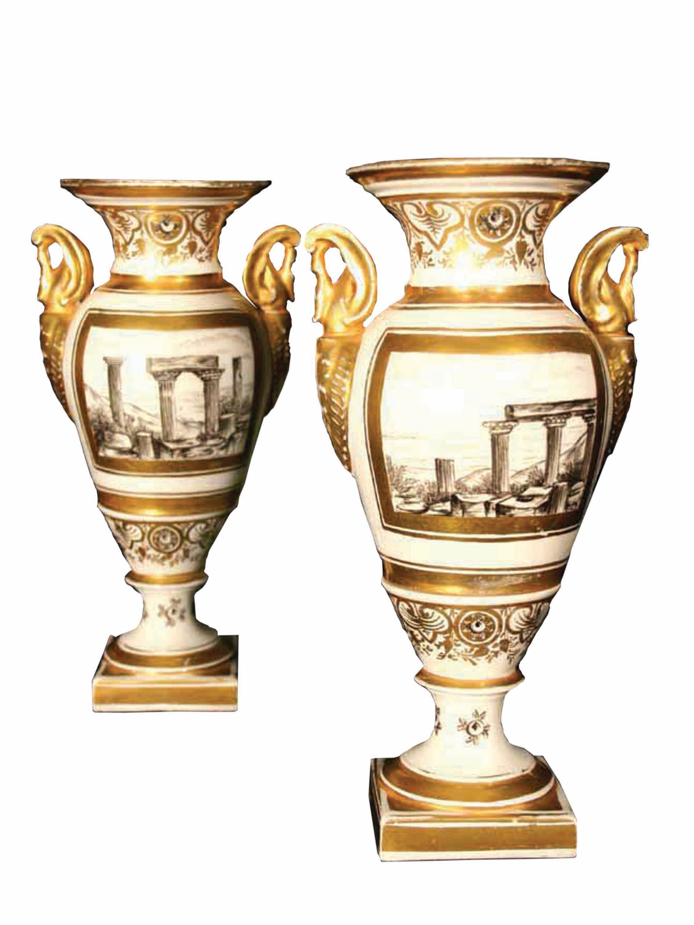 Pair of Paris Porcelain En Grisaille Vases, French, circa 1830 For Sale