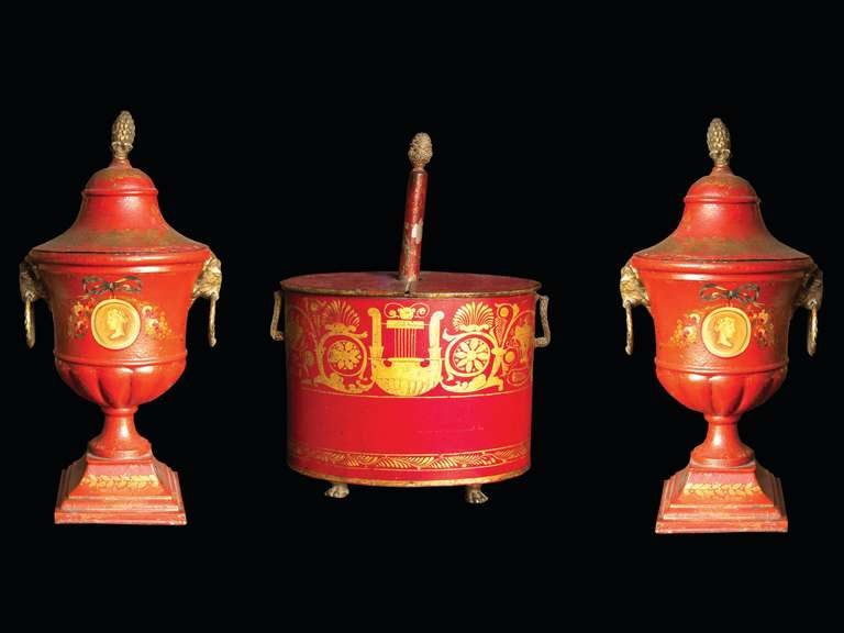 Regency Pair of Red Tole Urns and Flower Holder, circa 1810