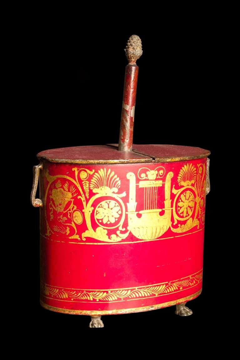 Pair of Red Tole Urns and Flower Holder, circa 1810 1