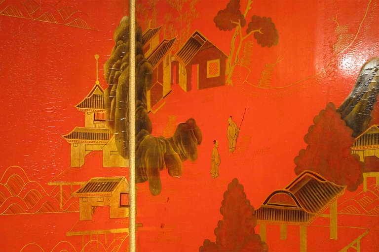 English Chinoiserie Red Lacquerand Gold Painted EIght-Panel Screen