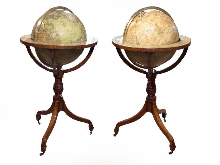 # X035 - PAIR Terrestrial and Celestial library globes on tall stands by J. & W. Newton, 66 Chancery Lane, London, published July 1, 1818 (with additions and updates to 1823). The globes read 