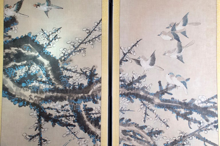 Hand Painted Silk Six Panel Screen - Japanese ca. 1880 In Excellent Condition In New York, NY