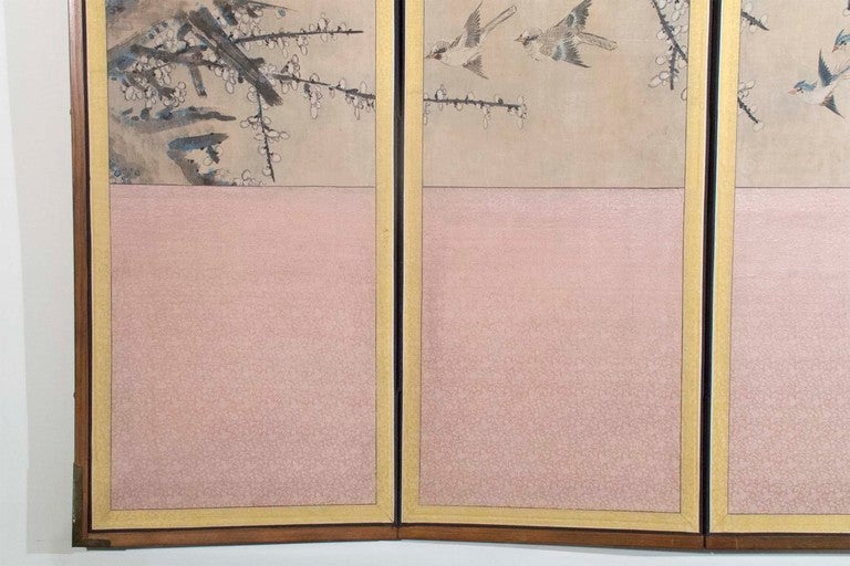 20th Century Hand Painted Silk Six Panel Screen - Japanese ca. 1880