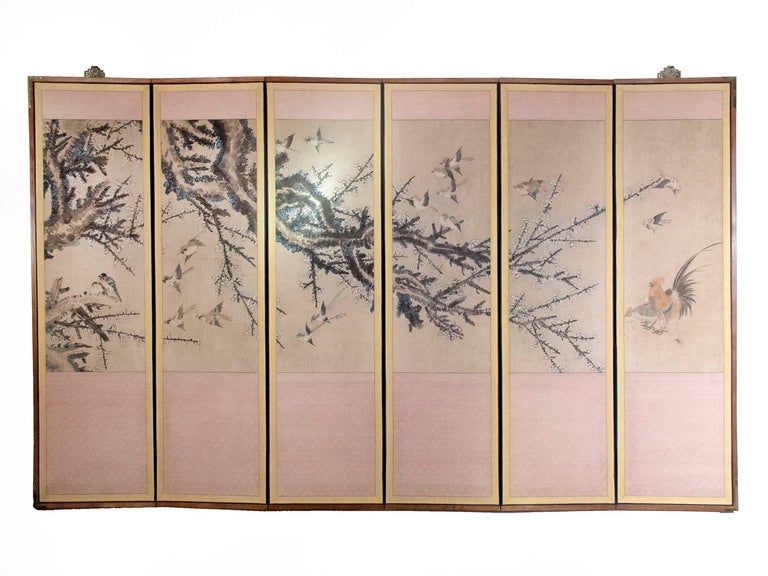 # Q132 - Fine Japanese hand painted silk six panel screen all artistically painted with a sweep of a cherry branch delicately detailed with blossoms. Amongst the branches are birds in flight. This is a wonderful decorative screen whose soft muted