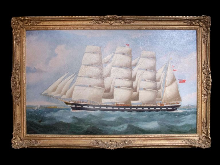 Seascape, oil on canvas, by Richard B. Spencer (British, active 1840-1870), signed lower left. Depicting the British four mast barque 'Penares' under sail as the ship passes the White Cliffs of Dover with harbor Signal flags up. His meticulous style