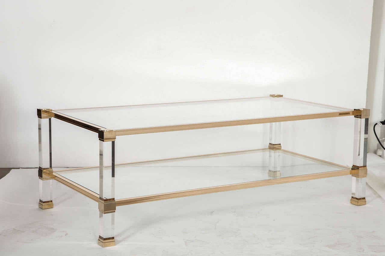 French Pierre Vandel Signed Lucite and Brass Coffee Table