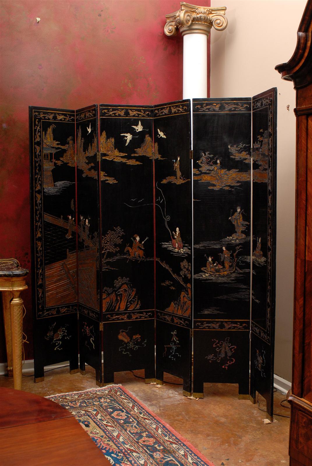 Chinoiserie Six-Panel Black Lacquer Coromandel Screen