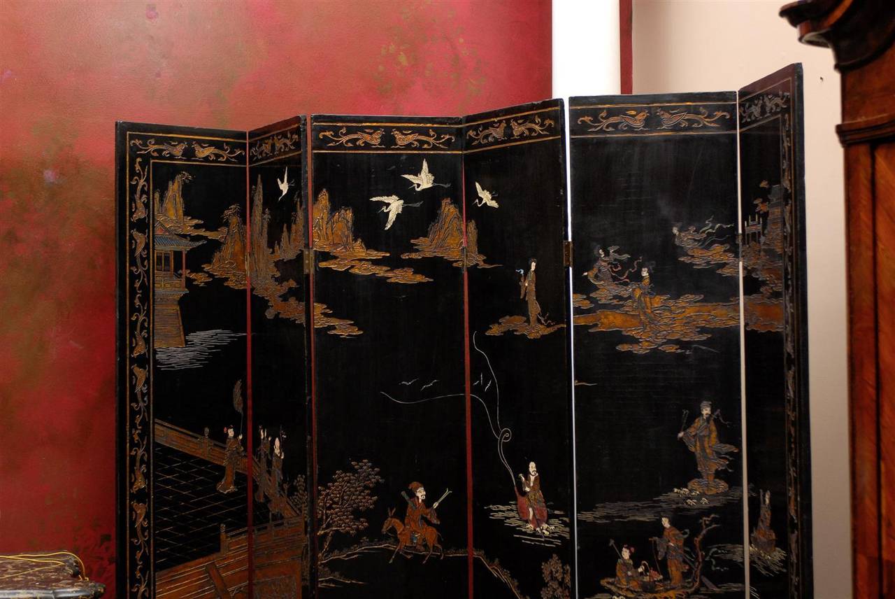 19th Century Six-Panel Black Lacquer Coromandel Screen