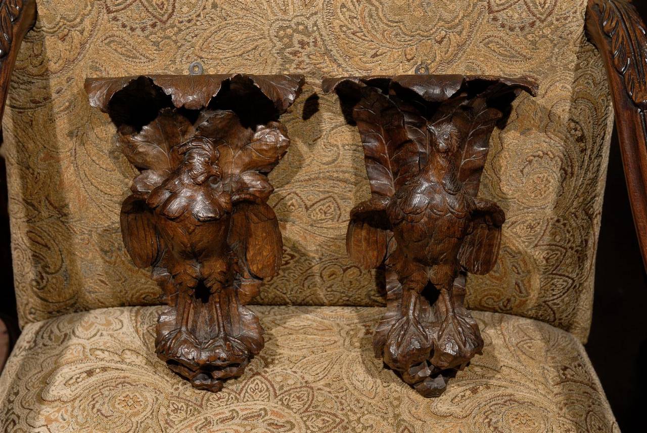 A beautiful pair of carved Black Forest brackets. The large bird is standing under leaves which form the flat shelf.