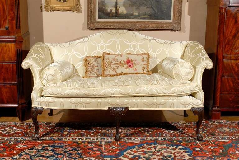 Beautiful American Settee Newport Rhode Island estate and was in the same family until recently. Settee has been reupholstered with new down cushion. The chippendale style legs are carved front and back.