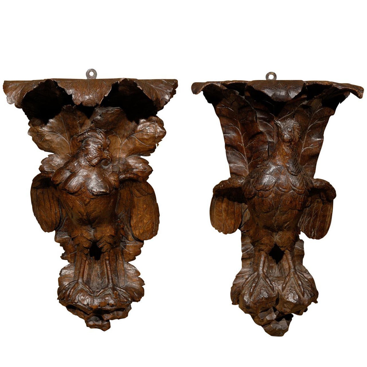 Pair of Black Forest Carved Wall Brackets or Shelves