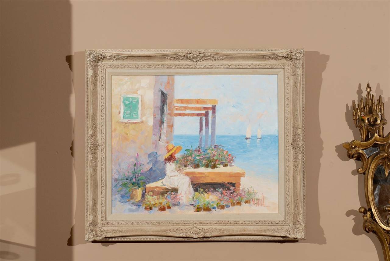 Beautiful colors in this lovely oil on canvas. Manol was born in 1900 in Salonica, Greece and is known for his impressionistic paintings. The measurement of the canvas is 20 in. H x 24 in . Signed lower right of painting