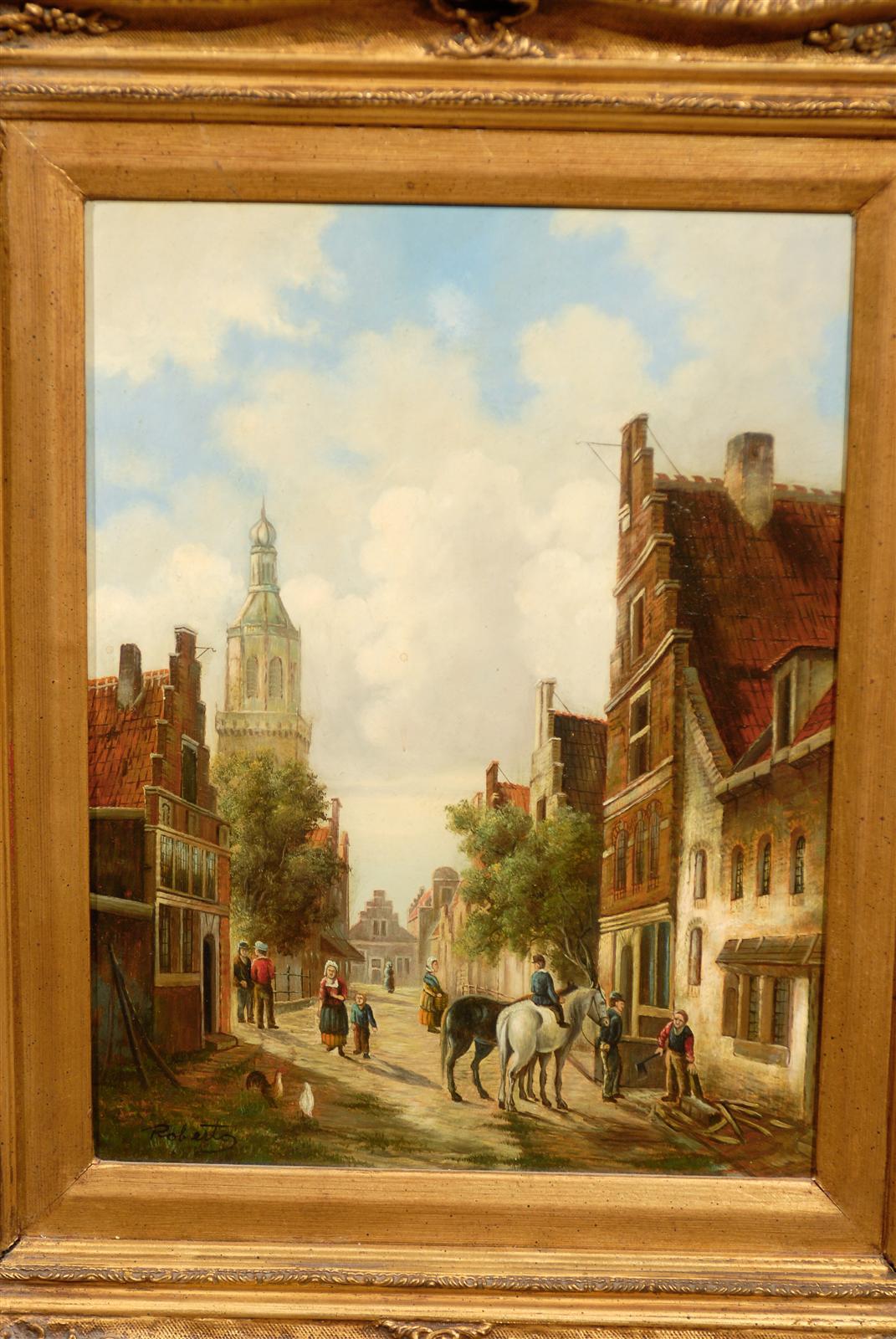 Belgian Continental Village Scene Painting
