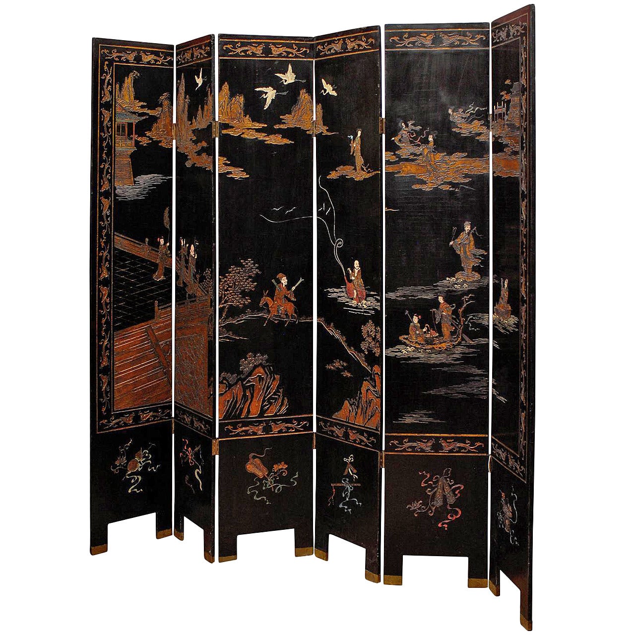 Six-Panel Black Lacquer Coromandel Screen