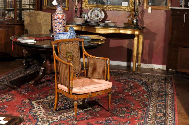 British Edwardian Polychrome-Decorated and Caned Satinwood Armchair
