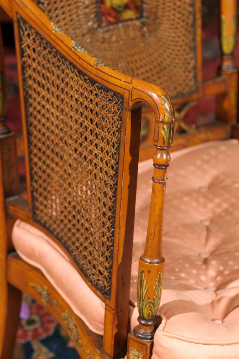 Edwardian Polychrome-Decorated and Caned Satinwood Armchair In Excellent Condition In Chamblee, GA