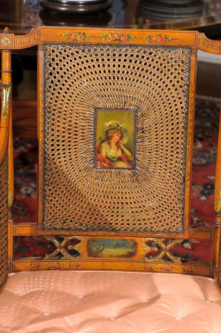 20th Century Edwardian Polychrome-Decorated and Caned Satinwood Armchair