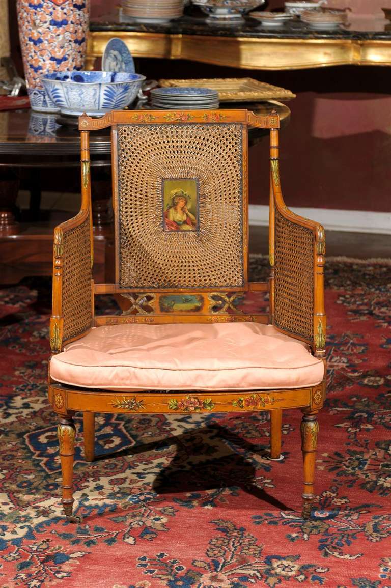 Edwardian Polychrome-Decorated and Caned Satinwood Armchair 2
