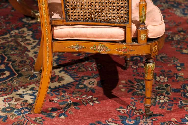 Edwardian Polychrome-Decorated and Caned Satinwood Armchair 4