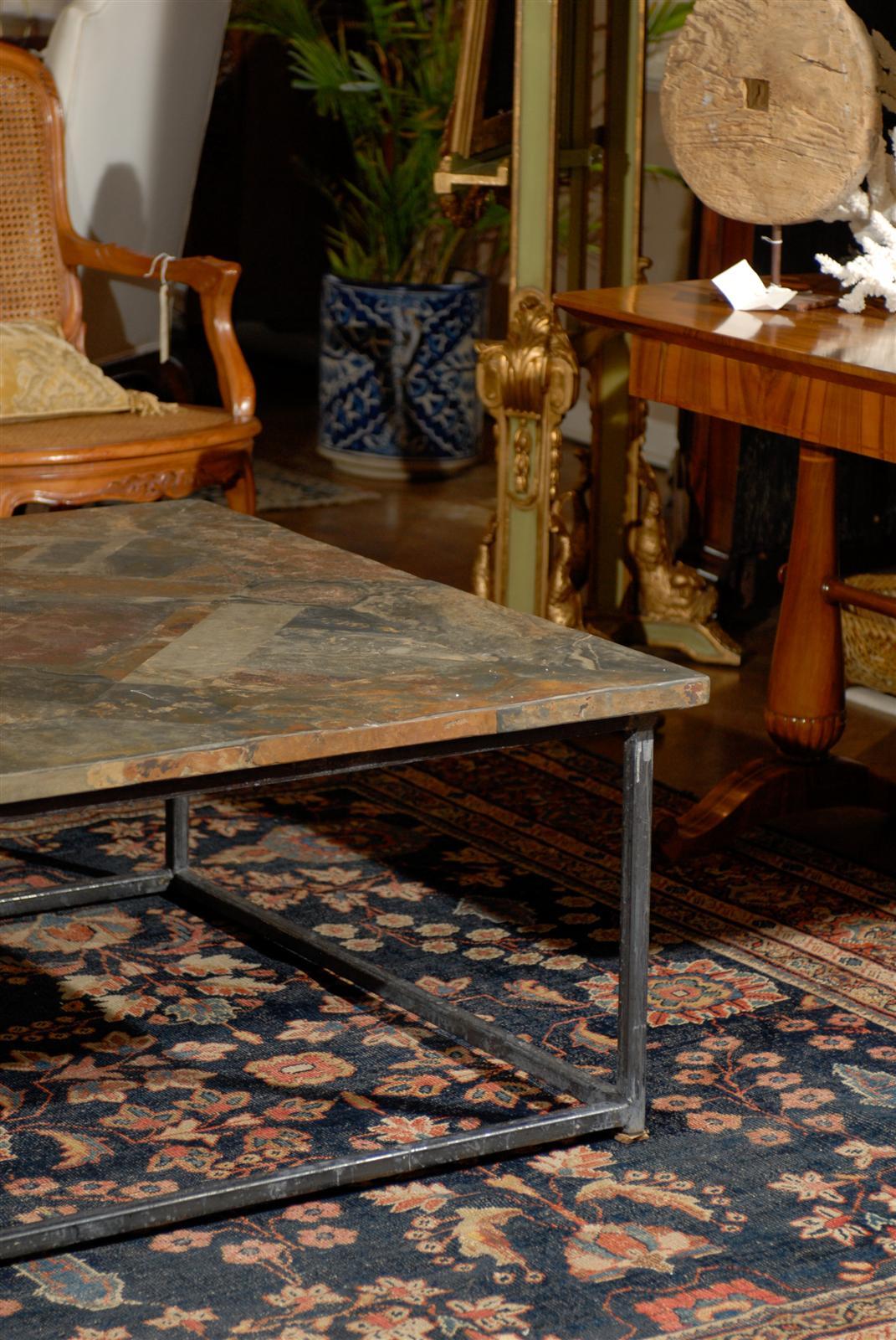 Square Coffee Table with Iron Base and Slate Top at 1stdibs
