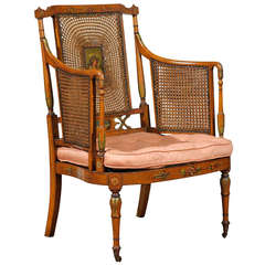 Edwardian Polychrome-Decorated and Caned Satinwood Armchair