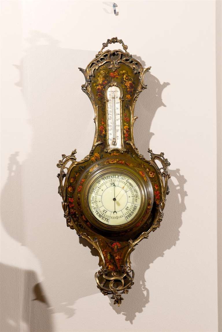 Hand-painted, Italian, Venetian barometer with bronze detailing. Birds and flowers accent the piece in bronze on a backdrop of olive green.