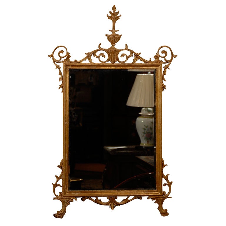 Sheraton Style Gilt Mirror with Scroll and Urn Pediment For Sale