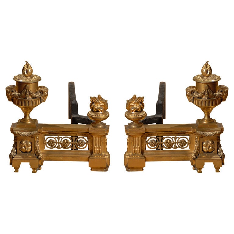 Exquisite Pair of 19th c. French Dore Bronze Andirons For Sale