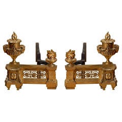 Exquisite Pair of 19th c. French Dore Bronze Andirons