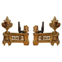 Exquisite Pair of 19th c. French Dore Bronze Andirons