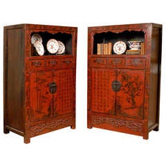 19th Century Rare Pair of Red Hand Painted Qing Dynasty Cabinets 7