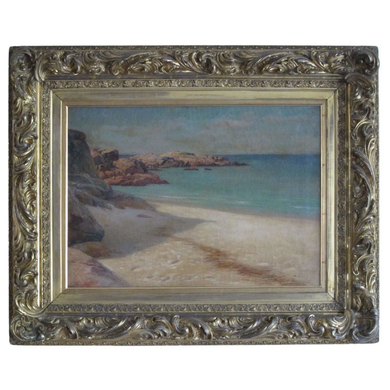 Early Large Coastal Oil Signed Painting in Original Frame For Sale