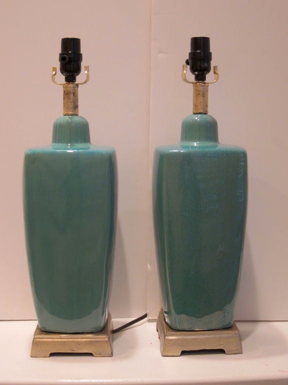 Pair of Turquoise Aqua and Platinum Mid-Century Glazed Lamps