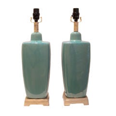 Vintage Pair of Turquoise Aqua and Platinum Mid-Century Glazed Lamps
