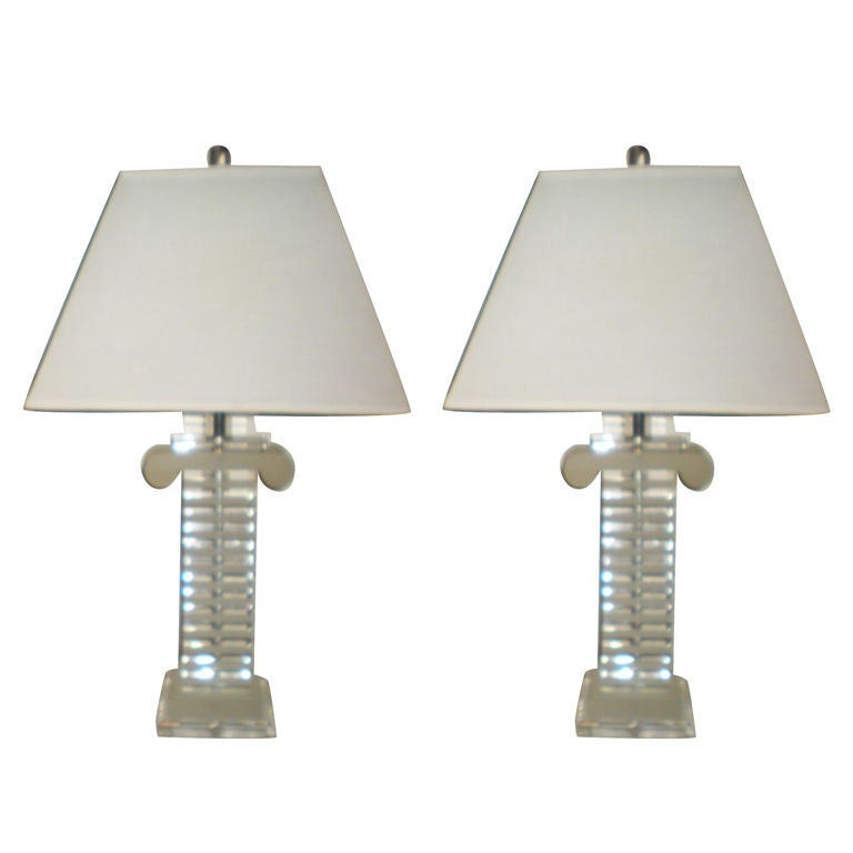 Pair Of Large Lucite Column Lamps For Sale