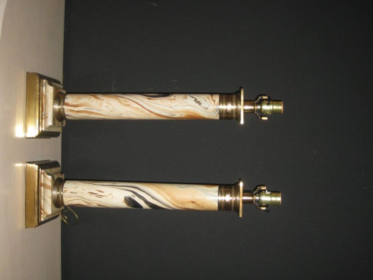 Mid-20th Century Pair Of French Empire Faux Marble Column Lamps For Sale