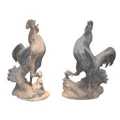 Pair Of French Lead Sculpted Garden Roosters
