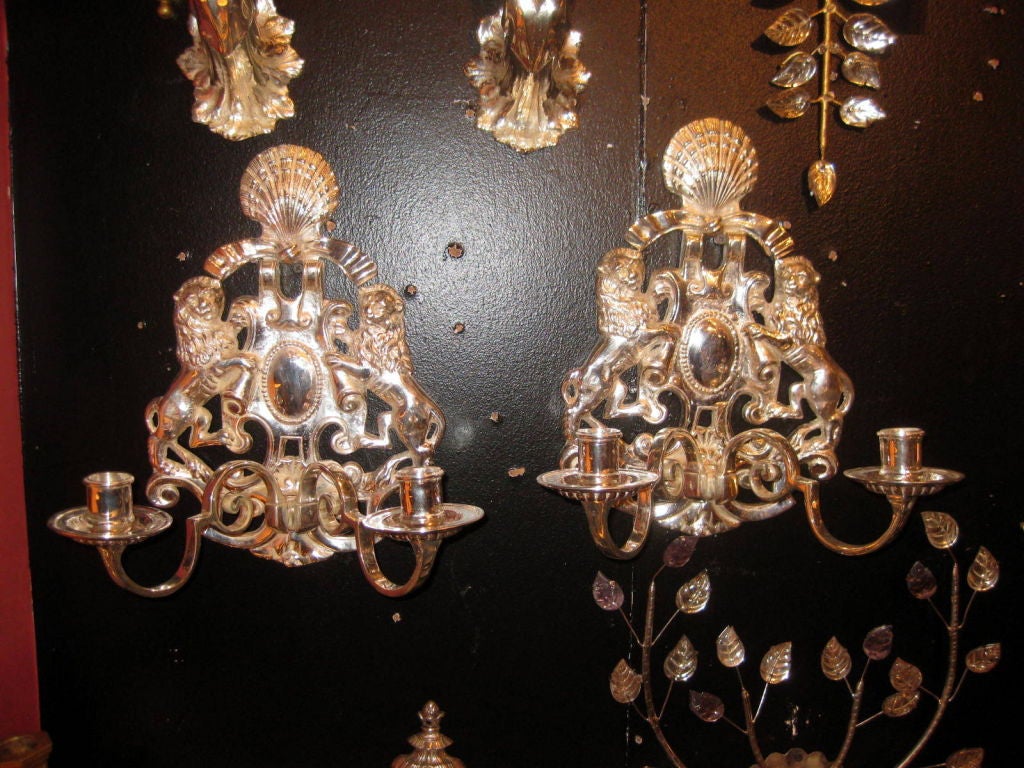 Set Of 12 English Silver Plated Sconces With Lion Backplates