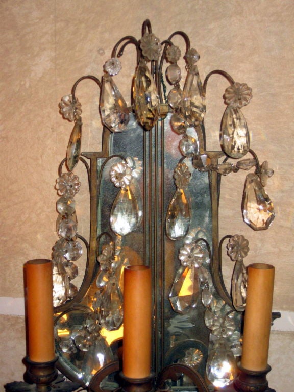 French Pair Of Crystal And Bronze Mirror Backed Sconces For Sale