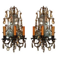 Pair Of Crystal And Bronze Mirror Backed Sconces