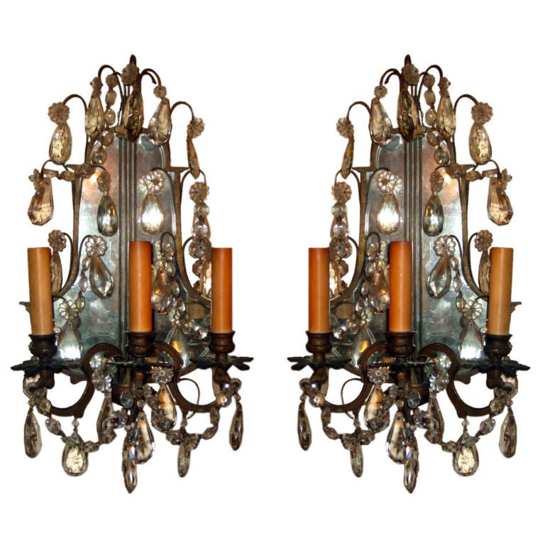 Pair Of Crystal And Bronze Mirror Backed Sconces For Sale