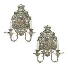 Pair Of Silver Plated Sconces With Cherubs On The Backplate
