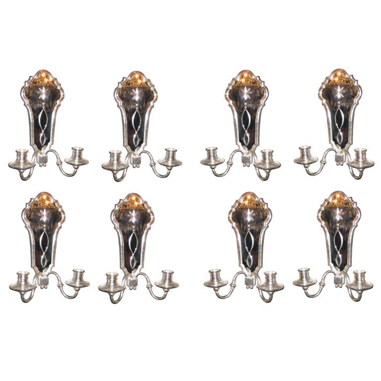 Set Of 8 Silver Plate Sconces With Mirrored Backs For Sale