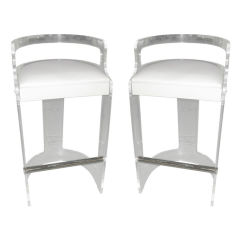 Pair Of Lucite Barstools Upholstered In Edelman Leather