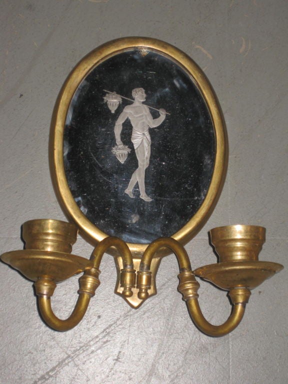 Set Of Six Bronze And Etched Mirror Caldwell Sconces In Good Condition For Sale In Stamford, CT
