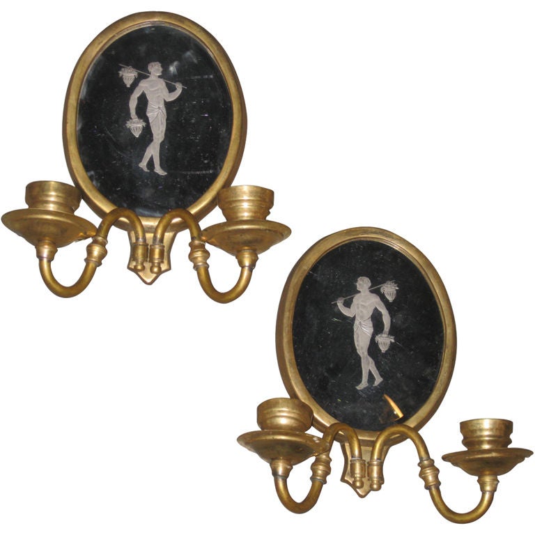 Set Of Six Bronze And Etched Mirror Caldwell Sconces For Sale