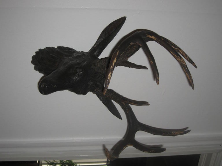 Wood Black Forest Carved Deer Head With Real Antlers
