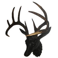 Black Forest Carved Deer Head With Real Antlers