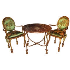 Gilt Rope And Tassel Marble Top Table And Two Chairs